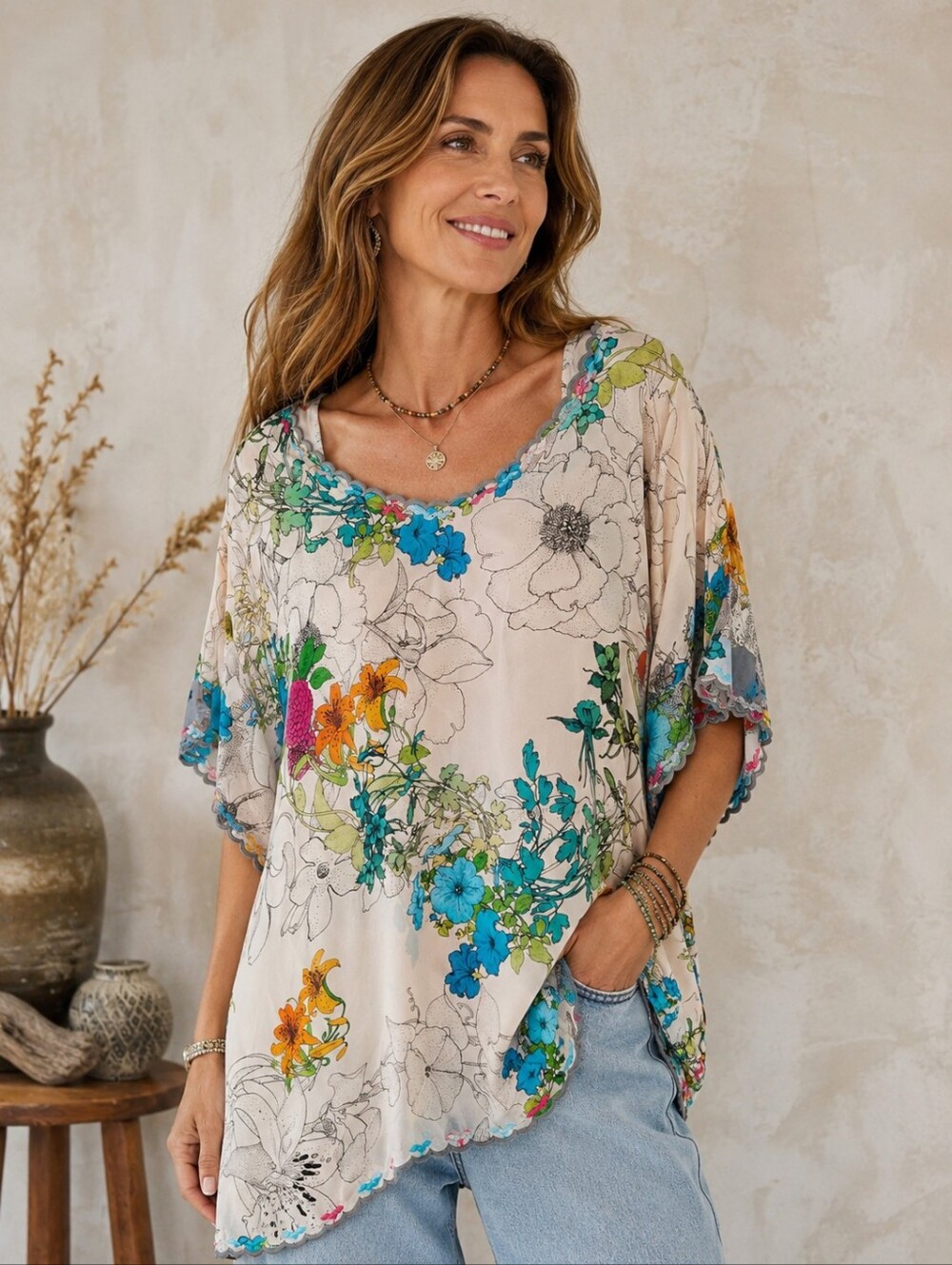 Johnny Was Sequence Halsey Silk Floral Blouse XL Scalloped Hem Boho Top